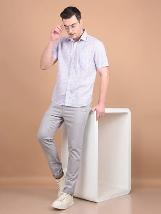 Purple Floral Print Linen Shirt-M / Purple