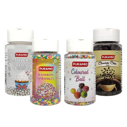 Puramio Cake Topping Combo - (Silver Balls, Coloured Balls, Rainbow Sprinkle & Chocolate Sprinkle), 75 gm Each - Pack of 4