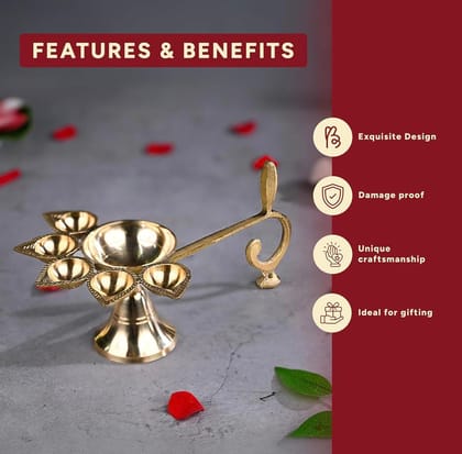 Gold Brass 5 Face Camphor Burner Punch Aarti Diya Lamp With Kuber Pedi And Turtle Stand, Gold Finish, Traditional Pooja Set