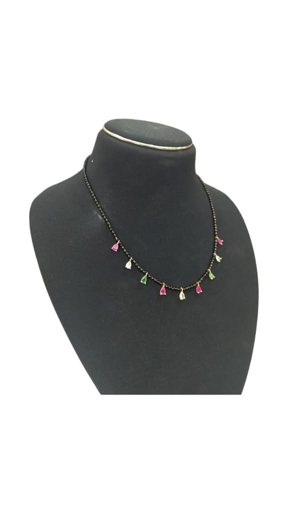 Black Beads Necklace with Gold Plated Pendants and Pink and Green Stones