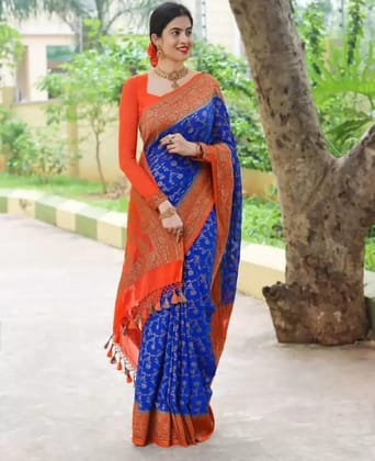 Blue Banarasi Soft Silk Saree with Attractive Tassels