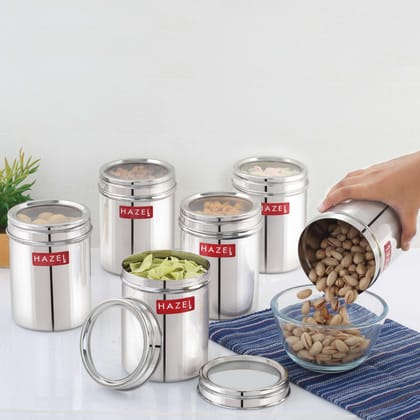 HAZEL Stainless Steel Kitchen Container with Transparent Lid, Top See Through Kitchen Container Set with Matt Finish , Multipurpose Container for Kitchen Storage, 1100 ML, Set of 6