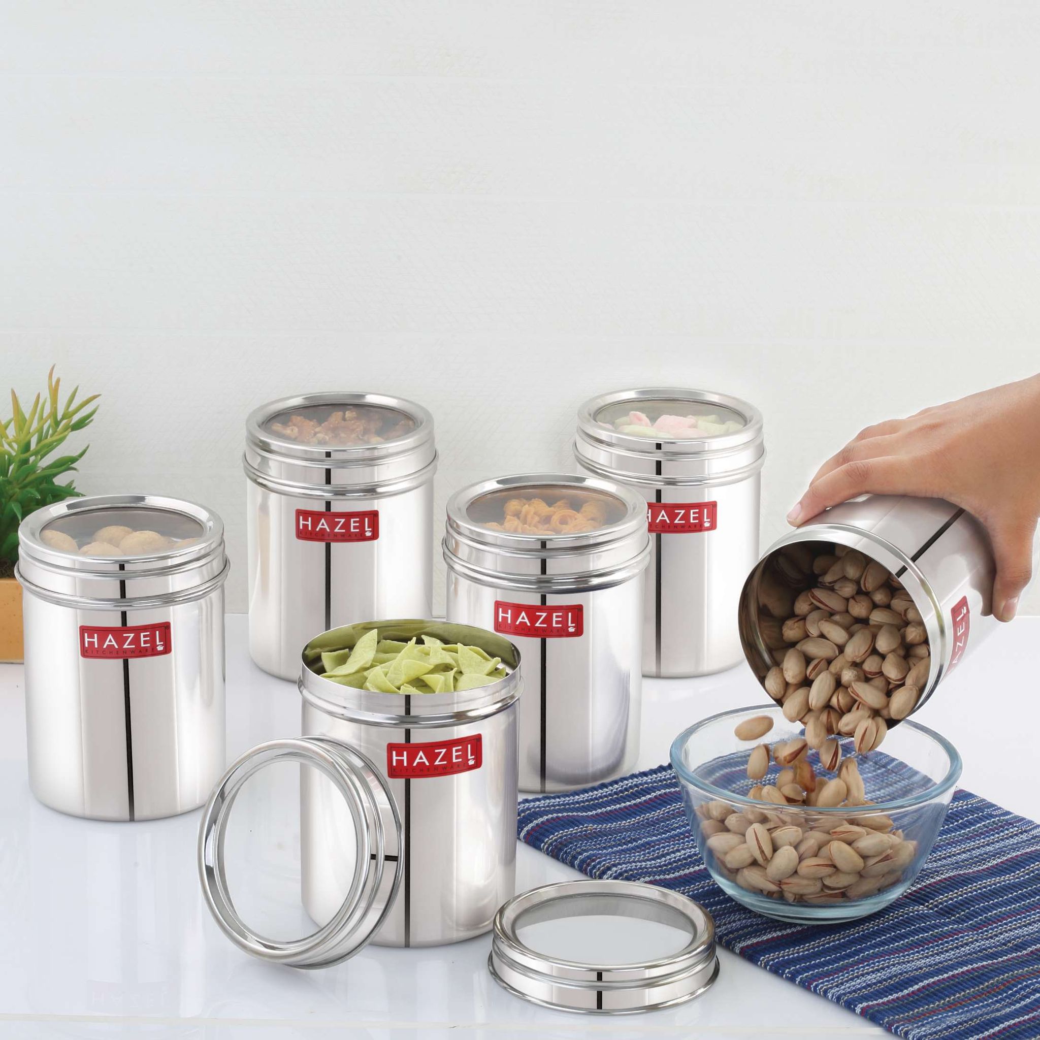HAZEL Stainless Steel Kitchen Container with Transparent Lid, Top See Through Kitchen Container Set with Matt Finish , Multipurpose Container for Kitchen Storage, 1100 ML, Set of 6