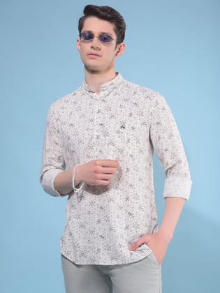 Beige Floral Print Linen Kurta-S / Beige