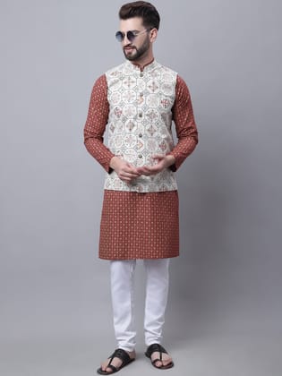 Sojanya Men's Cotton Linen Maroon Kurta and White Pyjama With Cream Nehru Jacket Set-36