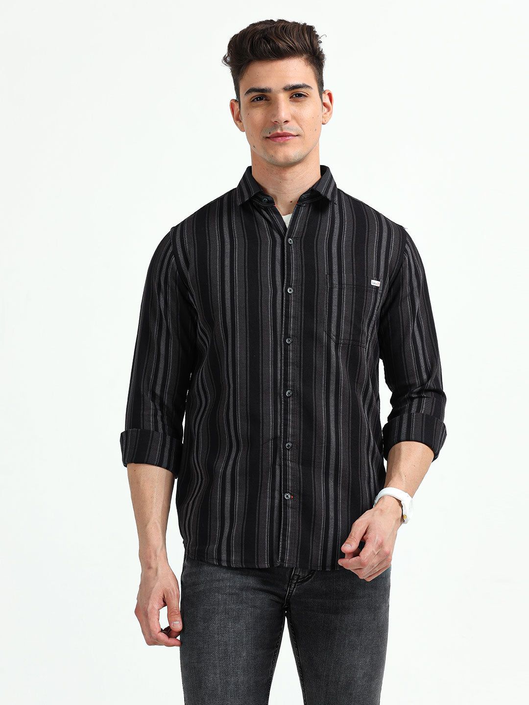 Men's Standard Striped Slim Fit Opaque Casual Shirt | Rick Rogue-M/38