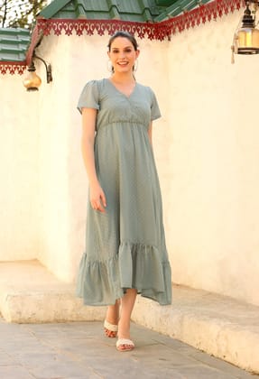 Green Georgette A-line Dress-M