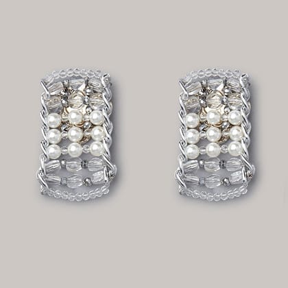 Metallic Silver Studs With Pearls And Crystals - CKE-183-01 CRYSTAL