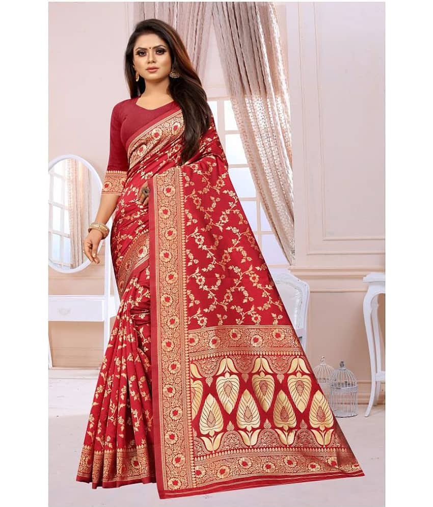 Gazal Fashions Silk Blend Printed Saree With Unstitched Blouse Piece ( Red )