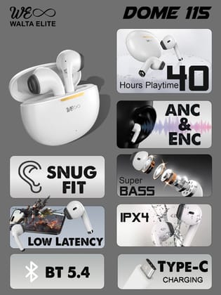 Walta Elite Dome 115 True Wireless in Ear Earbuds BT V5.4, 40 Hours Playback & IPX5 Water Resistant ( White)