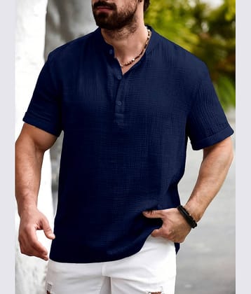 WEBRIC Cotton Blend Self Design Shirt Style Kurta For Men ( Navy Blue )