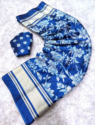 moss silk Blouse running Foil print Flower print with foil touch Washable saree