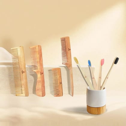Bamboo Brush Family Pack & Pure Neem Comb Pack Combo-in