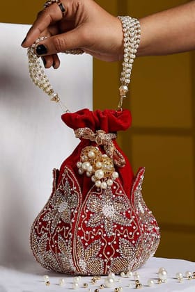 Red Velvet Cutdana Work Potli