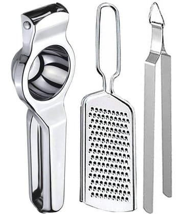 JISUN - Silver Stainless Steel Lemon Squeezer & Cheese Grater & Roti Chimta ( Set of 3 )