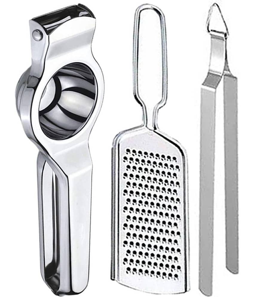 JISUN - Silver Stainless Steel Lemon Squeezer & Cheese Grater & Roti Chimta ( Set of 3 )