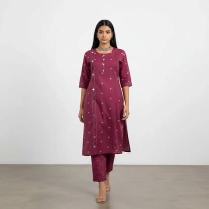 Handloom Cotton Co-Ord Set in Plum with Scattered Buti Motifs Handloom Cotton Co-Ord Set in Plum with Scattered Buti Motifs