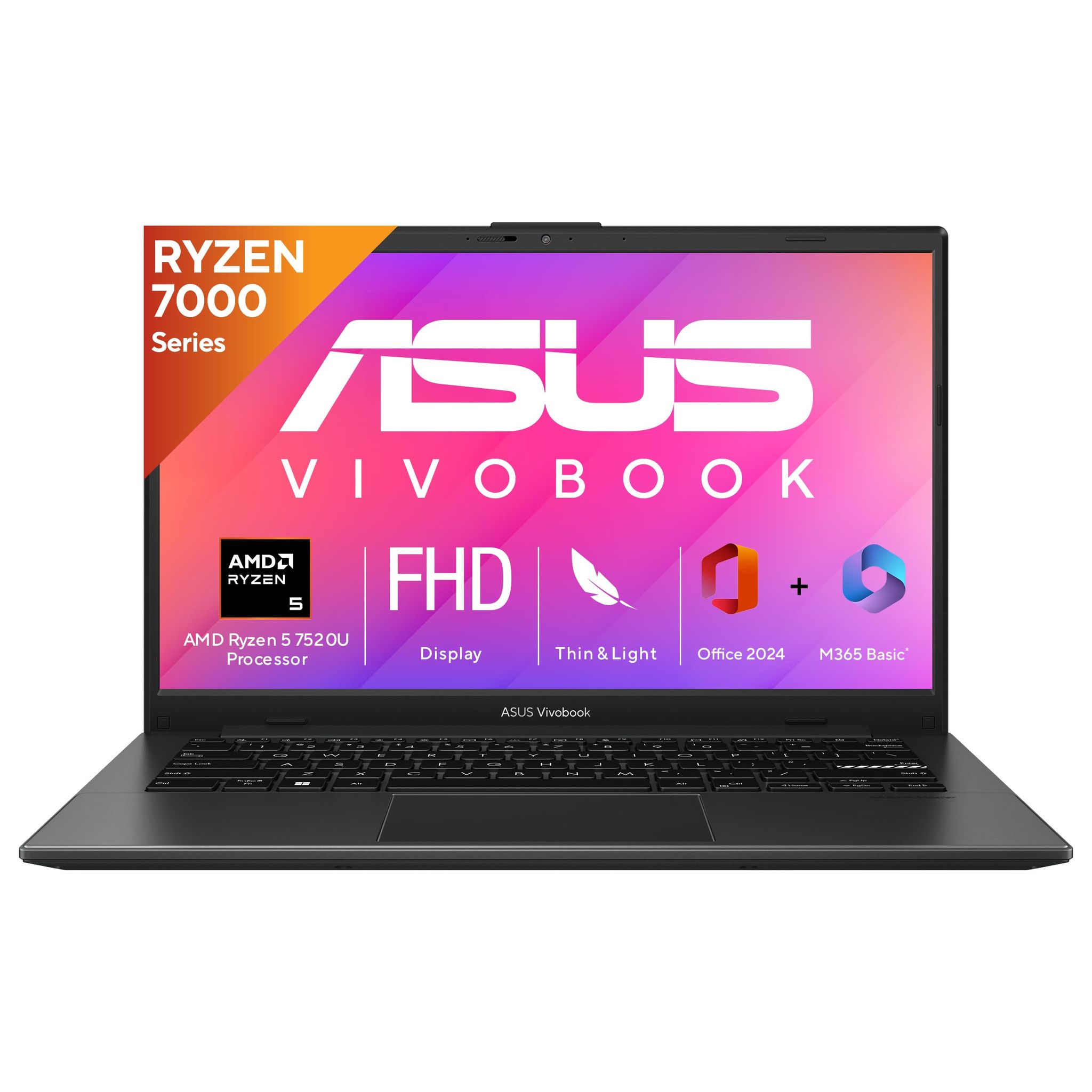 ASUS Vivobook Go 14, AMD Ryzen 5 7520U, 8GB RAM, 512GB, FHD 14", Windows 11, Office Home 2024, Black, 1.38kg, E1404FA-NK5542WS, AMD Radeon iGPU, 42WHrs, M365 Basic (1Year)* Laptop