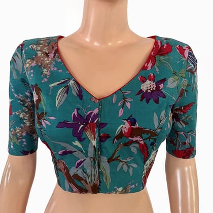 Printed Cotton V Neck Blouse ,Teal Blue, BP1219-S
