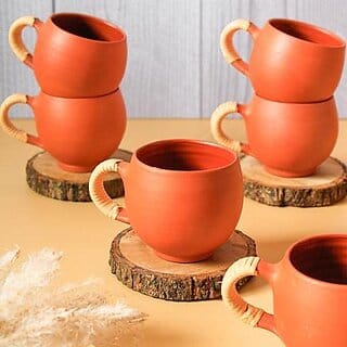 Rare Planet Hand made Traditional Beautiful Design Terracotta Chai Tea Cup Set for Home (Set of 6)
