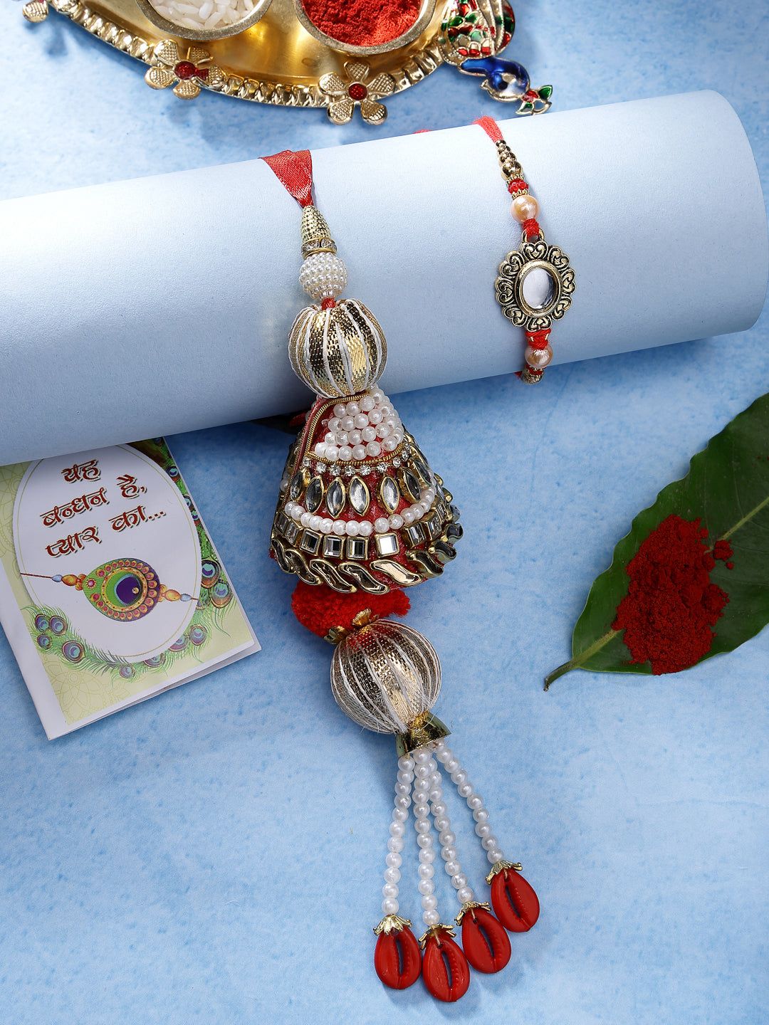 NVR Unisex Set of 2 Gold & Red Kundan-Studded Bhaiya Bhabhi Rakhi With Roli Chawal & Chocolate-Freesize / Gold / Gold-Plated