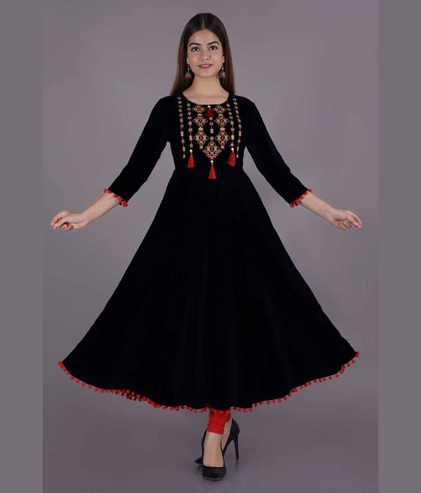 SHREE JEE FABRICS Pack of 1 Rayon Embroidered Anarkali Women's Kurti - ( BLACK )