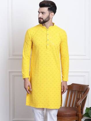 Men's Pure Cotton yellow Embroidered 4Booti Sequence Kurta-38
