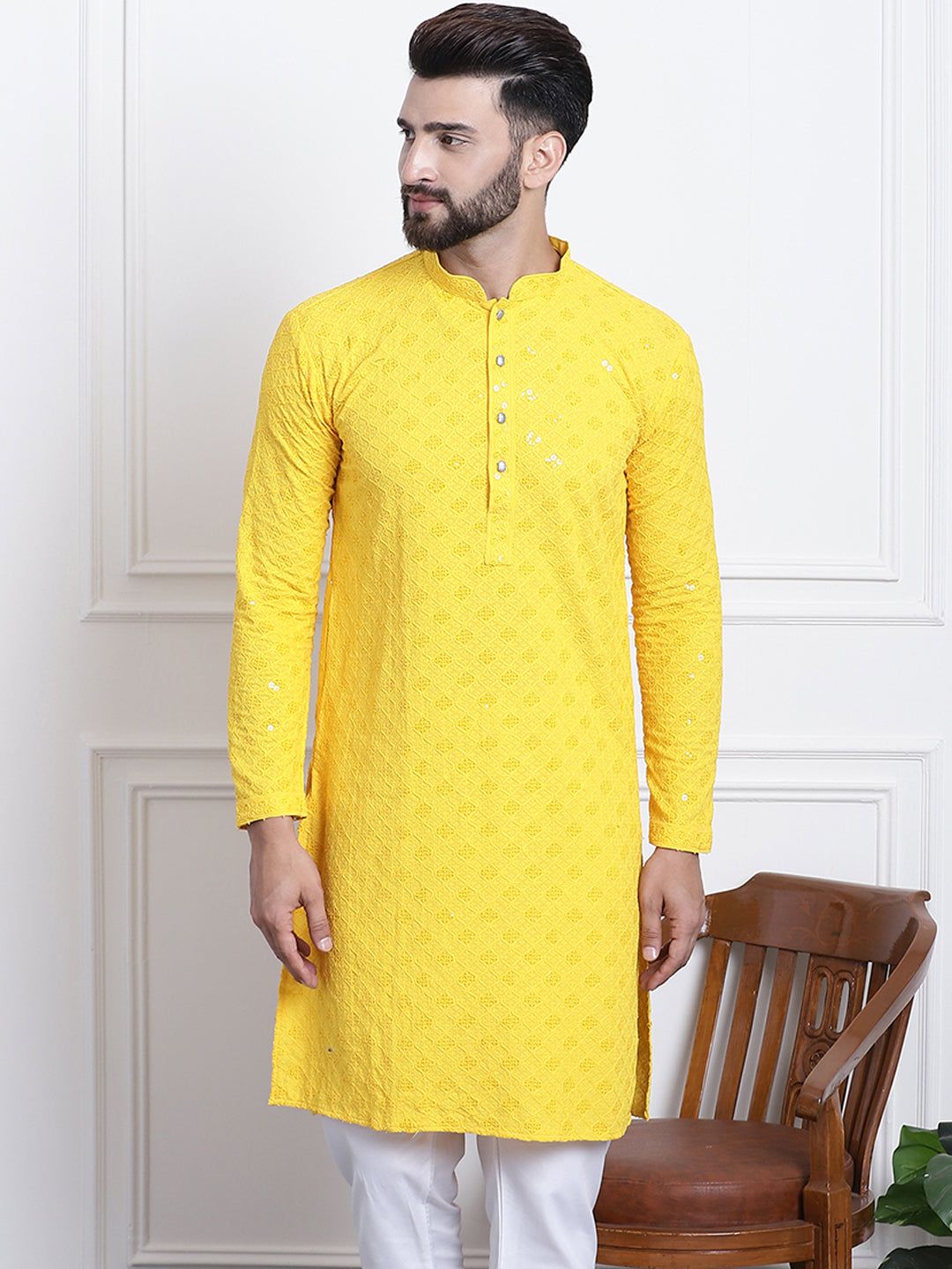 Men's Pure Cotton yellow Embroidered 4Booti Sequence Kurta-38