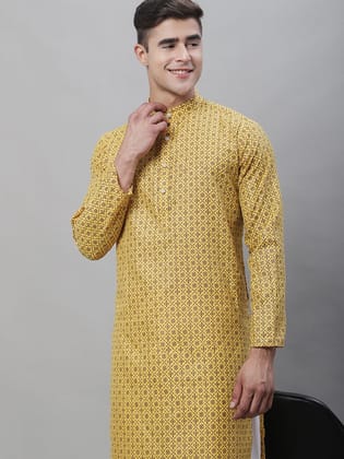 Men's Cotton Linen Foil Printed Mustard Long Kurta-36