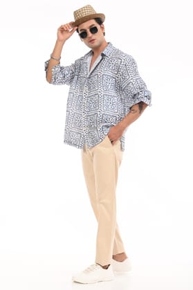 Regal Blue Bold Print Oversized Shirt-M / Blue