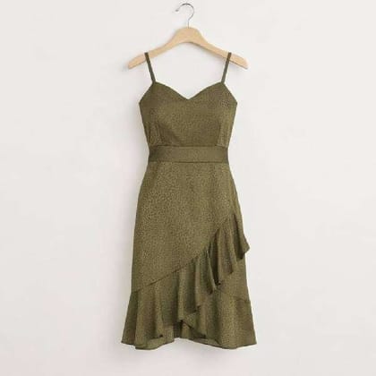 Sleeveless Green Leopard Print Mini Ruffled Dress Versatile Style