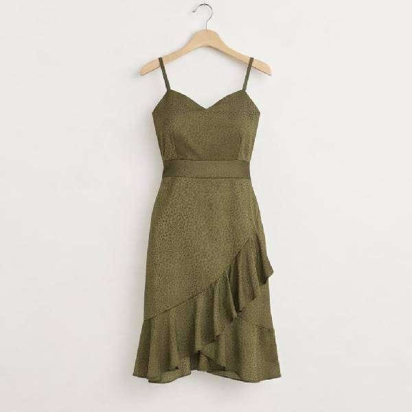 Sleeveless Green Leopard Print Mini Ruffled Dress Versatile Style