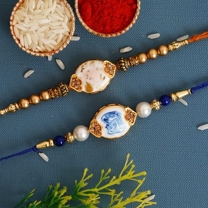 Blue & Orange Pack of 2 Stone Rakhis and Roli Chawal Pack