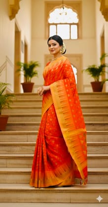 Bengal Tant Cotton Saree in Orange with Floral Motifs and Woven Border