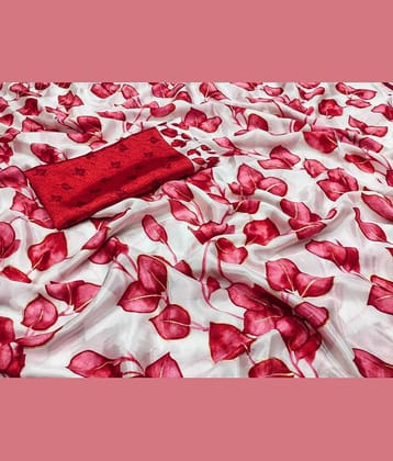 JIHANA FAB Art Silk Printed Saree With Unstitched Blouse Piece ( Red )