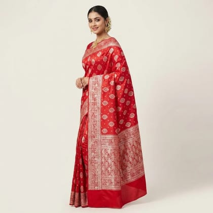 Red Banarasi Satin Gold Zari Paisley Woven Saree For Women