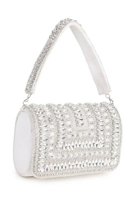 White Suede Beaded Stone Work Flap Bag White Suede Beaded Stone Work Flap Bag