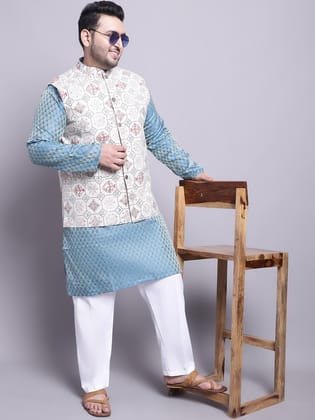 Men's Silk Blend PBlue Kurta & Cream Printed Nehrujacket With White Pyjama-44