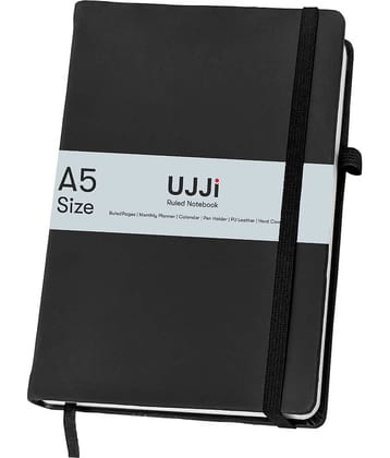 UJJi Black Colour Notebook in PU Leather with Elastic Closure and Pen Loop
