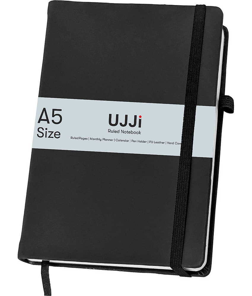 UJJi Black Colour Notebook in PU Leather with Elastic Closure and Pen Loop