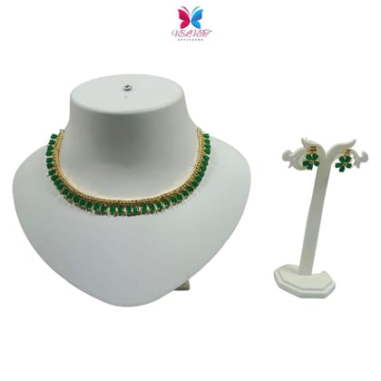 VELVET Luxury Handcrafted Gold Plated Necklace Set, White AD, Green Stone