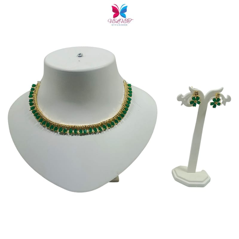 VELVET Luxury Handcrafted Gold Plated Necklace Set, White AD, Green Stone