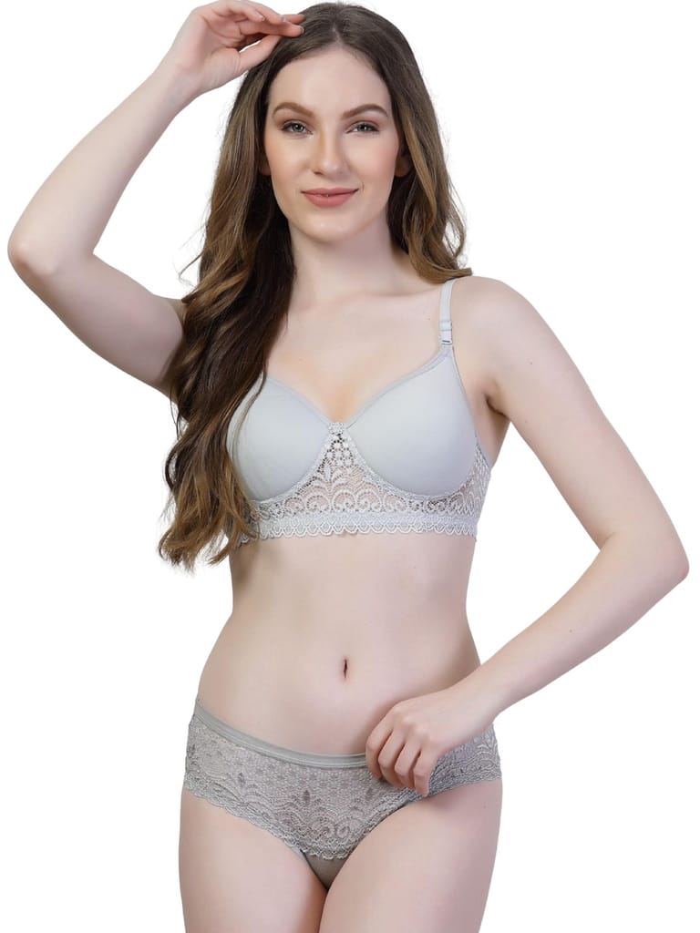 ADORNSTAR Women Designer Grey Lace Lingerie Set | Non Wired Non Padded Full Coverage Bra with Hipster Panty Soft Fabric and Adjustable Straps Comfortable Innerwear for Women