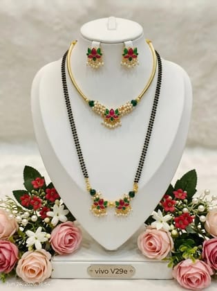 Sari lotus necklace set with Earrings and 30" mangalsutra