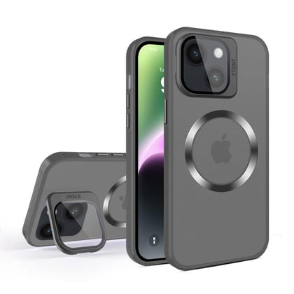 Vaku® Apple iPhone 14 Rime Frosted Magnetic Magpro Translucent Camera Protector Case with Built-in Stash Stand Back Cover
