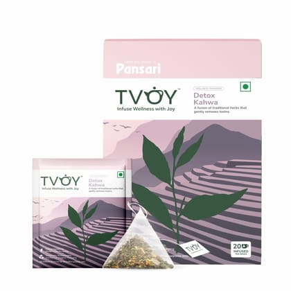 TVOY Premium Detox Kahwa Green Tea Bags | Biodegradable Pyramid Tea Bags | 20 Bags of Herbal Khawa Tea for Detox, Immunity Boosting, and Stress Relief | Best Rated Green Tea for Overall Wellness