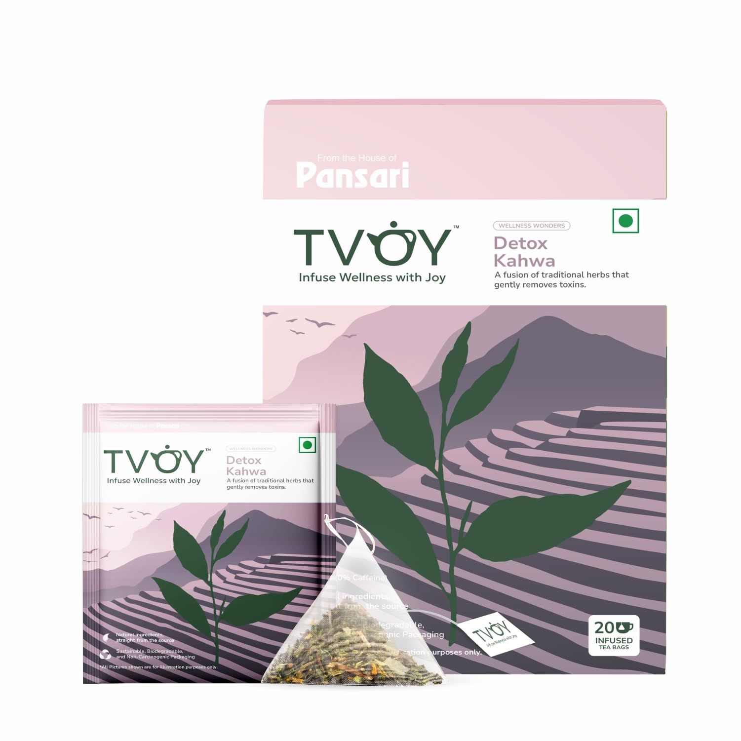 TVOY Premium Detox Kahwa Green Tea Bags | Biodegradable Pyramid Tea Bags | 20 Bags of Herbal Khawa Tea for Detox, Immunity Boosting, and Stress Relief | Best Rated Green Tea for Overall Wellness