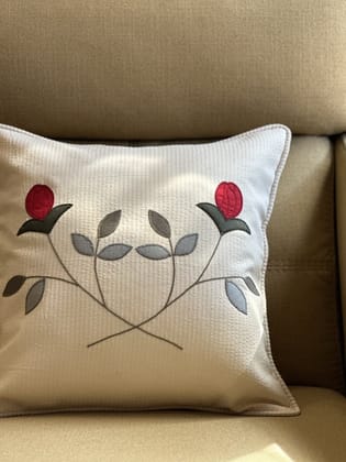 KRI India Bloom Tulip Branch Patchwork Cushion Cover|12x12 inches | Ivory with patchwork embroidery  | Wash & Care | 100% Cotton | Handcrafted in India. 100% organic & natural.