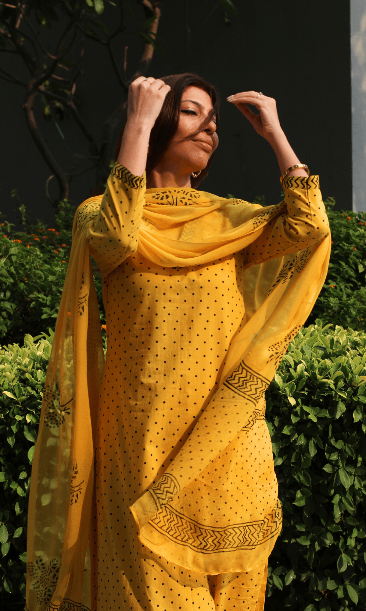 Cotton Spring Yellow Polka Dots Suit with Chiffon Printed Dupatta-XXS