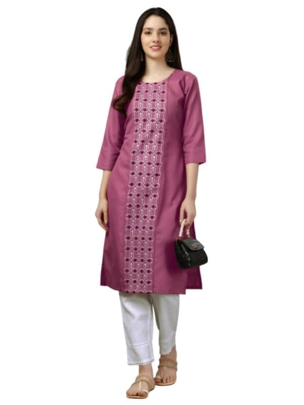 Women's Casual 3-4 th Sleeve Embroidery Cotton Kurti (Purple, M)-PID50288